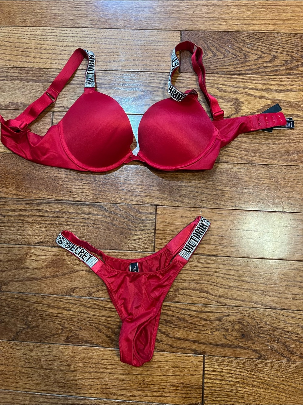 Victoria's Secret Red Push-Up Bra & Thong Set with Logo Straps